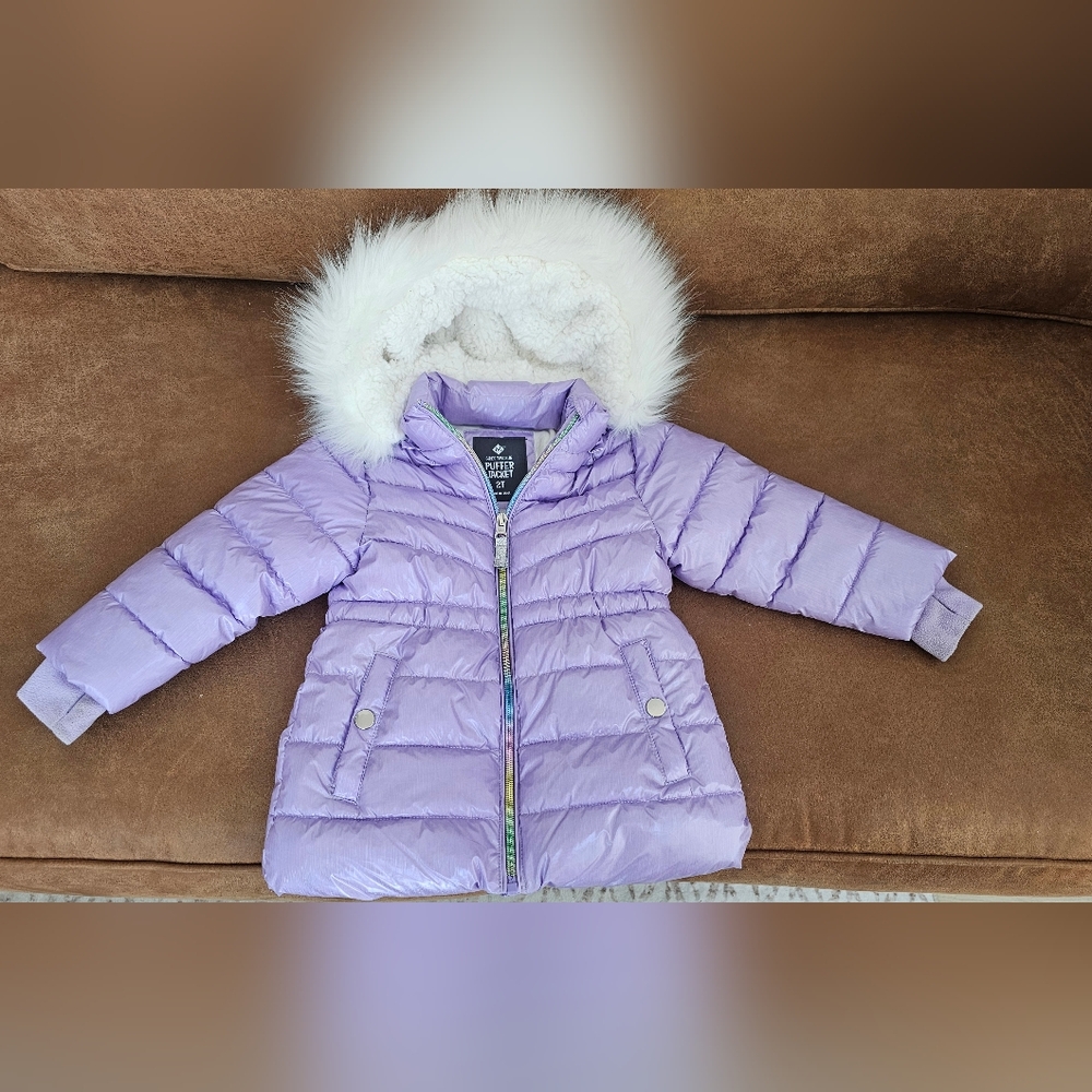 Kids Purple Puffer Jacket with Faux Fur Hood